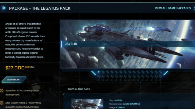 Star Citizen offering Legatus Pack for $27,000 USD