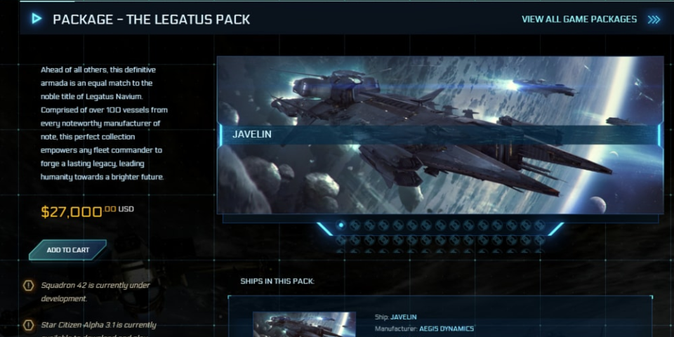 Star Citizen offering Legatus Pack for $27,000 USD